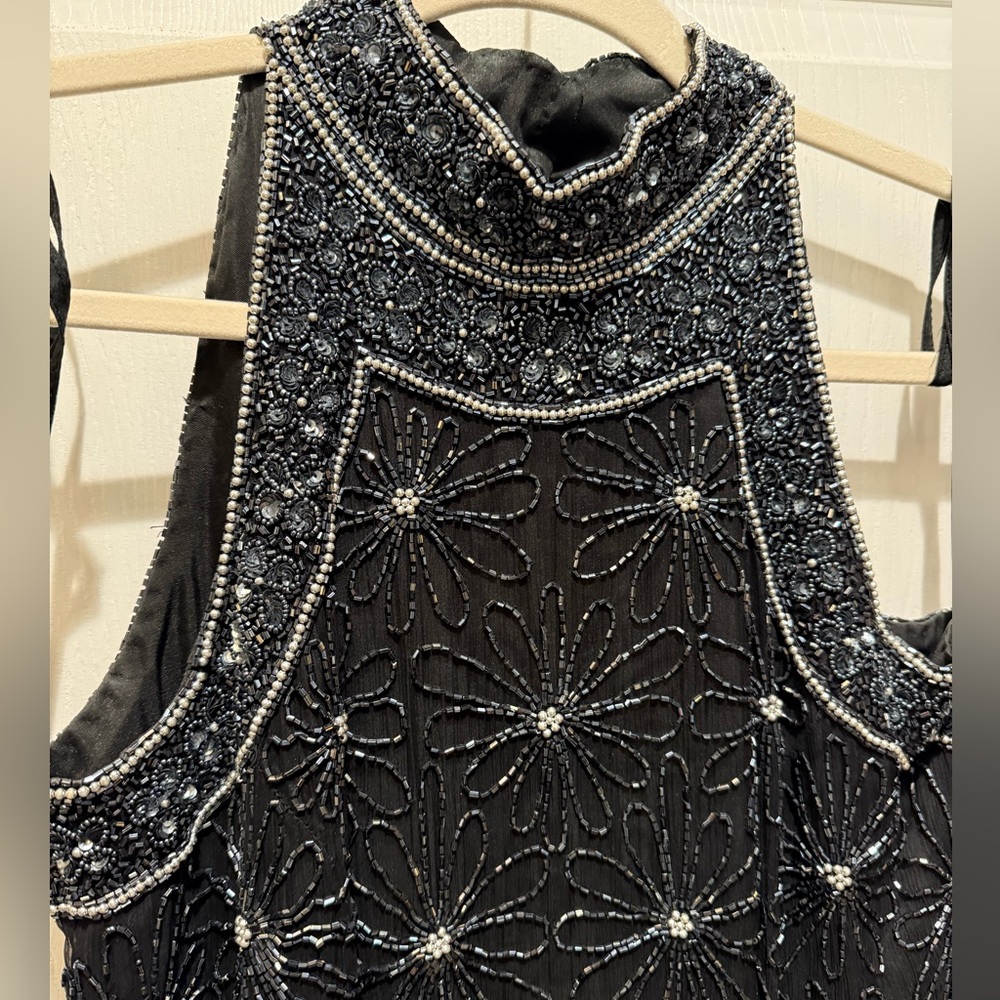 Vintage Adrianna Papell Navy Blue Beaded Silk Evening Gown, Size 4